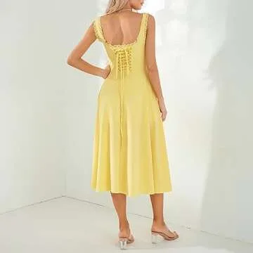Women Vintage Corset Dress Sweetheart Neckline Sleeveless Lace Up Side Slit Swing Elegant Midi Party Cocktail Dress (Yellow, S)