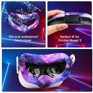 AIXOTO Controller Grips Cover for Oculus Quest 2,Anti-Leakage Silicone Face Cover for Oculus Quest 2, with Lens Protective Cover and VR Shell, Accessories Set 6-in-1 for Oculus Quest 2 (Galaxy Purple)