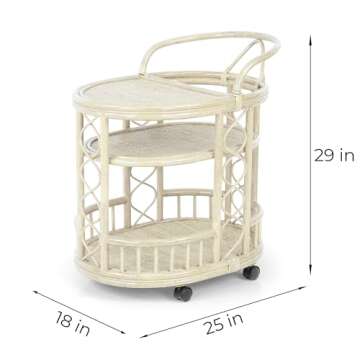 Serving Cart Handmade Woven Natural Rattan Wicker with Wheels Fully Assembled White Wash Color