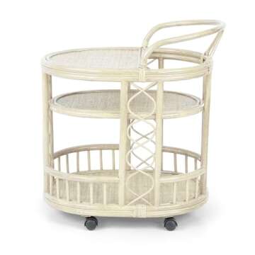 Serving Cart Handmade Woven Natural Rattan Wicker with Wheels Fully Assembled White Wash Color