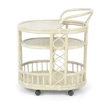 Serving Cart Handmade Woven Natural Rattan Wicker with Wheels Fully Assembled White Wash Color