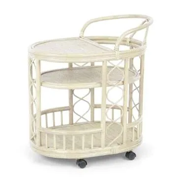 Serving Cart Handmade Woven Natural Rattan Wicker with Wheels Fully Assembled White Wash Color