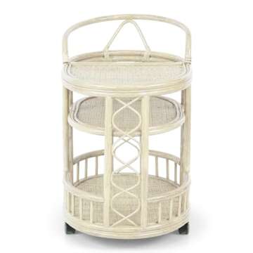 Serving Cart Handmade Woven Natural Rattan Wicker with Wheels Fully Assembled White Wash Color