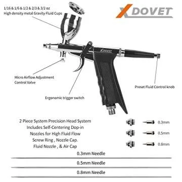 XDOVET Dual-Action Trigger Airbrush Kit Air Brush Painting Set with 0.3mm/0.5mm/0.8mm Needles,2cc/5c...