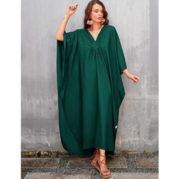 Bsubseach Women Casual Kaftan Dress Batwing Sleeve Plus Size Swimsuit Cover Up Maxi Caftan Dresses Dark Green
