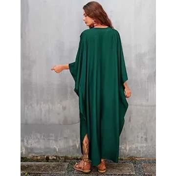 Bsubseach Women Casual Kaftan Dress Batwing Sleeve Plus Size Swimsuit Cover Up Maxi Caftan Dresses Dark Green