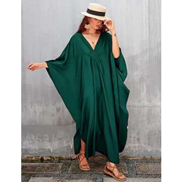 Bsubseach Women Casual Kaftan Dress Batwing Sleeve Plus Size Swimsuit Cover Up Maxi Caftan Dresses Dark Green