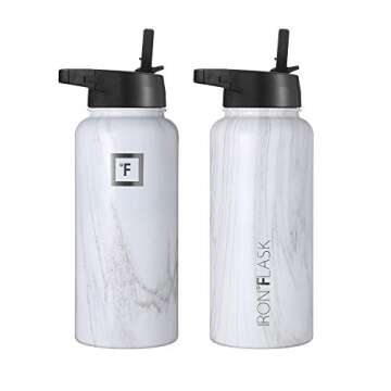 IRON °FLASK Camping & Hiking Hydration Flask with 3 Lids - Stainless Steel, Double Walled & Vacuum Insulated Water Bottle - Leak Proof & BPA Free (Carrara Marble, Straw - 32 oz)