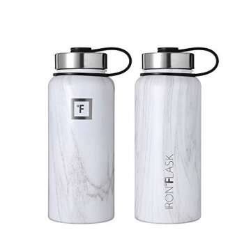 IRON °FLASK Camping & Hiking Hydration Flask with 3 Lids - Stainless Steel, Double Walled & Vacuum Insulated Water Bottle - Leak Proof & BPA Free (Carrara Marble, Straw - 32 oz)