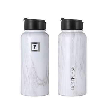 IRON °FLASK Camping & Hiking Hydration Flask with 3 Lids - Stainless Steel, Double Walled & Vacuum Insulated Water Bottle - Leak Proof & BPA Free (Carrara Marble, Straw - 32 oz)