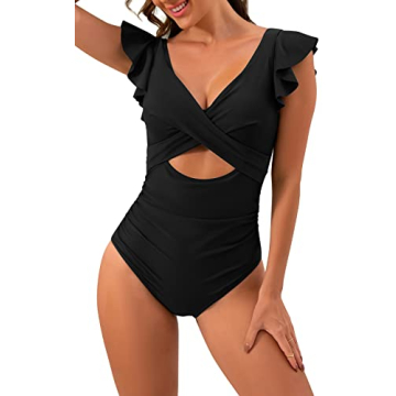 B2prity Women's One Piece Swimsuit Ruffle Cutout Bathing Suits Slimming Tummy Control V Neck Wrap Sw...