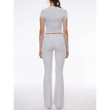 AnotherChill Women's 2 Piece Lounge Sets Fold-over Flare Pants Set Short Sleeve Crop Top Casual Outf...