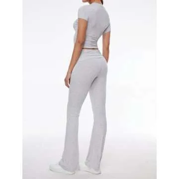AnotherChill Women's 2 Piece Lounge Sets Fold-over Flare Pants Set Short Sleeve Crop Top Casual Outfits Comfy Loungewear (Light-Gray, Large)