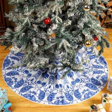 Boao 48 Inch Blue and White Flower Christmas Tree Skirt Chinoiserie Tree Skirt Xmas Round Blue White...