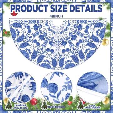Boao 48 Inch Blue and White Flower Christmas Tree Skirt Chinoiserie Tree Skirt Xmas Round Blue White Tree Decoration Skirts Tree Mat for Holiday Christmas Party Decorations