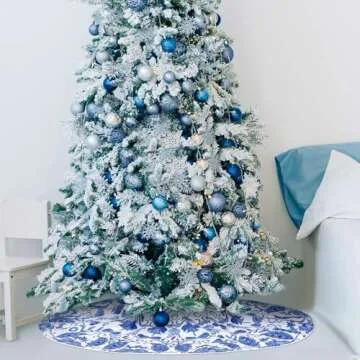 Boao 48 Inch Blue and White Flower Christmas Tree Skirt Chinoiserie Tree Skirt Xmas Round Blue White Tree Decoration Skirts Tree Mat for Holiday Christmas Party Decorations