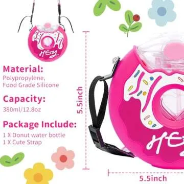 PHEENOWL 13oz Donut Water Bottle with Straw for Kids, BPA Free & Leak Proof Sports Cup for Girls Toddler Drink Bottle with Shoulder Strap for Outdoor and School (Dragon Fruit Donut)