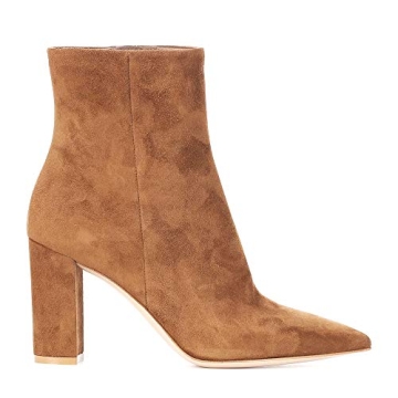 LEHOOR Women Fashion Chunky Block Heel Pointed Toe Ankle Booties - Classic Zipper Design in Suede Br...