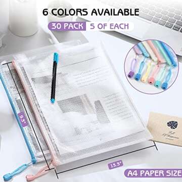 LANDNEOO 30 PCS Mesh Zipper Pouch, [ A 4 Size ] 13.3” x 9.3” Plastic Waterproof Zipper Bags, Large Mesh Bags for Travel Items Organizing Storage, Home Office Supplies