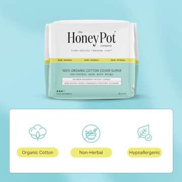 The Honey Pot Company - Sanitary Pads for Women - Non-Herbal Super w/Wings - Organic - Cotton Cover & Ultra-Absorbent Pulp Core - Feminine Care - FSA & HSA Eligible - 16 ct