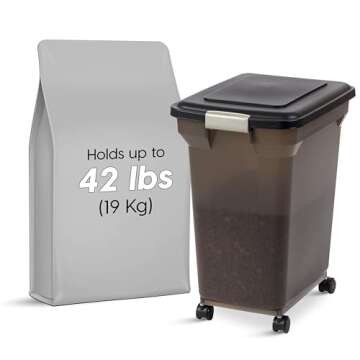 IRIS USA WeatherPro Airtight Dog Food Storage Container, Up to 42 lbs, Attachable Wheels, For Dog Cat Bird and Other Pet Food Storage Bin, Keep Fresh, Easy Mobility, BPA Free, Smoke/Black