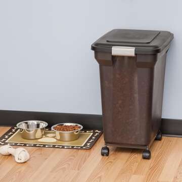 IRIS USA WeatherPro Airtight Dog Food Storage Container, Up to 42 lbs, Attachable Wheels, For Dog Cat Bird and Other Pet Food Storage Bin, Keep Fresh, Easy Mobility, BPA Free, Smoke/Black