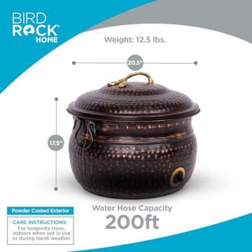 BIRDROCK HOME Water Hose Holder - Decorative Metal Pot, Indoor or Outdoor, Garden Storage Organizer,...