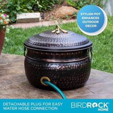 BIRDROCK HOME Water Hose Holder - Decorative Metal Pot, Indoor or Outdoor, Garden Storage Organizer, Patio Portable Bucket - Distressed Bronze, Holds up to 200ft Hoses, Large with Lid
