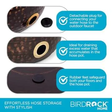 BIRDROCK HOME Water Hose Holder - Decorative Metal Pot, Indoor or Outdoor, Garden Storage Organizer, Patio Portable Bucket - Distressed Bronze, Holds up to 200ft Hoses, Large with Lid