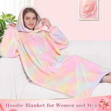 Waitu Wearable Blanket Sweatshirt Gifts for Women and Men, Warm and Cozy Rainbow Blanket Hoodie, Thick Flannel Hoodie Blanket with Sleeves, Blanket Robe for Adults and Kids