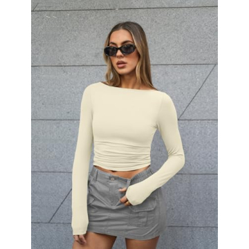Trendy Queen Women's Boat Neck Tops Long Sleeve Casual Tee Shirt in Apricot