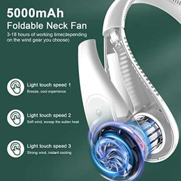 Neck Fan, 5000mAh Portable Fan Personal Fan Hands Free Foldable Bladeless Neck Fan 3 Speeds Adjustme...