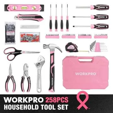 WORKPRO Pink Tool Box, 258PCS Pink Tool Kit for Home, Complete Household Tool Set with Pink Hammer, ...