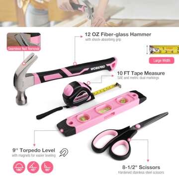 WORKPRO Pink Tool Box, 258PCS Pink Tool Kit for Home, Complete Household Tool Set with Pink Hammer, Screwdriver Set, Portable Toolkit for Home Repair, New Apartment, House-Warming, DIY - Pink Ribbon