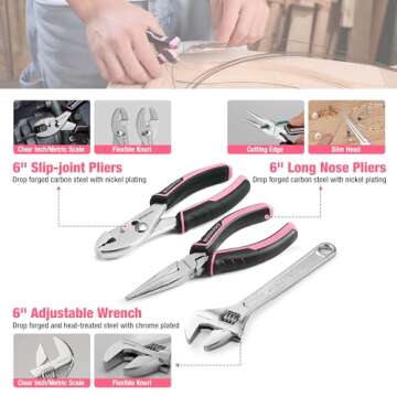 WORKPRO Pink Tool Box, 258PCS Pink Tool Kit for Home, Complete Household Tool Set with Pink Hammer, Screwdriver Set, Portable Toolkit for Home Repair, New Apartment, House-Warming, DIY - Pink Ribbon