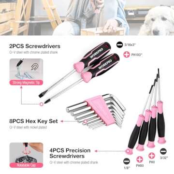WORKPRO Pink Tool Box, 258PCS Pink Tool Kit for Home, Complete Household Tool Set with Pink Hammer, Screwdriver Set, Portable Toolkit for Home Repair, New Apartment, House-Warming, DIY - Pink Ribbon