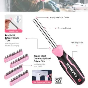 WORKPRO Pink Tool Box, 258PCS Pink Tool Kit for Home, Complete Household Tool Set with Pink Hammer, Screwdriver Set, Portable Toolkit for Home Repair, New Apartment, House-Warming, DIY - Pink Ribbon