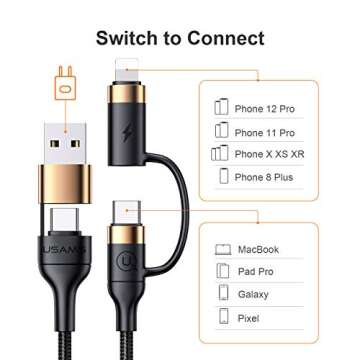 USB C Multi Fast Charging Cable PD 60W Nylon Braided Cord 4-in-1 3A USB/C to Type C/Phone Fast Sync ...
