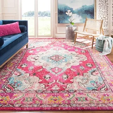 SAFAVIEH Monaco Collection Area Rug - 8' x 10', Pink & Multi, Boho Chic Medallion Distressed Design,...