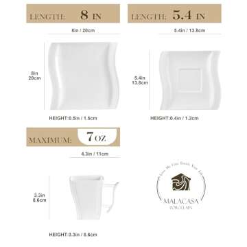 MALACASA Square Dinnerware Set, 18-Piece Ivory White Espresso Cups with Saucers, Porcelain Coffee Se...