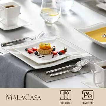 MALACASA Square Dinnerware Set, 18-Piece Ivory White Espresso Cups with Saucers, Porcelain Coffee Set With 8 '' Dessert Plates, 7 OZ Coffee Mugs and 5.4'' Saucers, Dish Set for 6, Series Flora