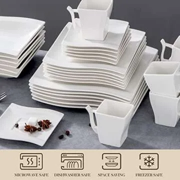 MALACASA Square Dinnerware Set, 18-Piece Ivory White Espresso Cups with Saucers, Porcelain Coffee Set With 8 '' Dessert Plates, 7 OZ Coffee Mugs and 5.4'' Saucers, Dish Set for 6, Series Flora