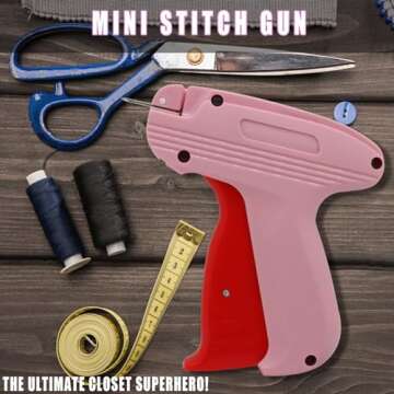 Quick Clothing Fixer, Mini Stitch Gun for Clothes, Mini Tagging Gun, Hemming Sewing Tool Kit with 6 Needles,500 Black & 500 White 5mm Mini Fasteners (Pink)