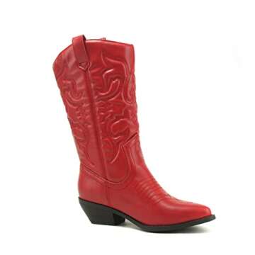 Soda Reno Women Western Cowboy Pointed Toe Knee High Pull On Tabs Boots (Red, US Footwear Size System, Adult, Women, Numeric, Medium, 6)