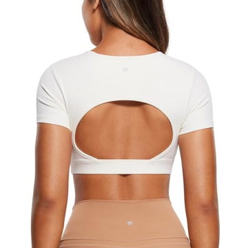 CRZ YOGA Womens Butterluxe Double Lined Open Back Crop Tops Backless Short Sleeve Workout Top Casual...