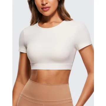 CRZ YOGA Womens Butterluxe Double Lined Open Back Crop Tops Backless Short Sleeve Workout Top Casual Going Out Tight T-Shirts White Apricot Medium