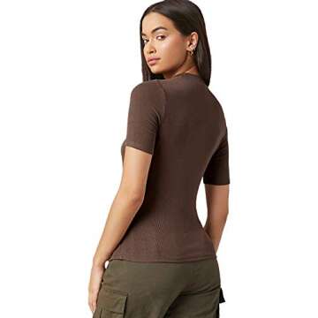 Verdusa Women's Casual Basic Mock Neck Short Sleeve Rib Knit Tee Top in Chocolate Brown