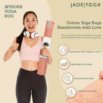 JadeYoga Organic Cotton Mysore Yoga Rug - Lightweight, Portable, and Machine Washable - Ideal for Re...