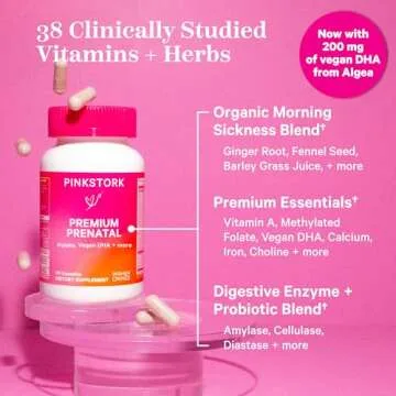Pink Stork Premium Prenatal Vitamin for Women - Organic Whole-Food Ingredients, Multivitamin & Probiotics - Morning Sickness, Digestion, & Energy - Folate, B6, & Iron - 60 Capsules