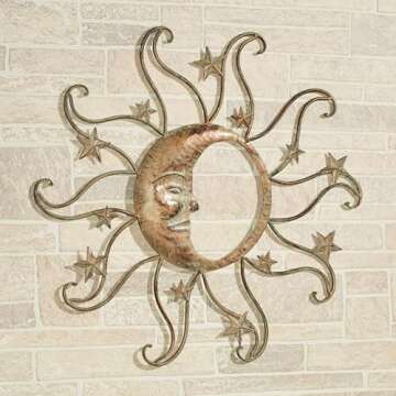 Touch of Class Sun and Moon Face Metal Wall Art - Tarnished Gold - Southwestern Style Decor - Outdoo...